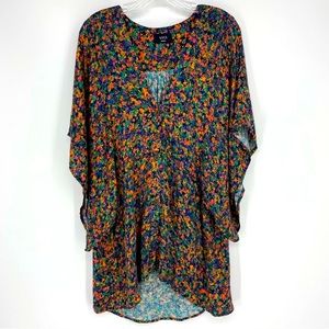 Vici Hi Low Tunic Top Green Orange Multi Color V-Neck Button Front Size S